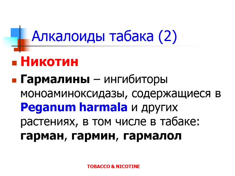 Алкалоиды табака (2) Никотин Гармалины – ингибиторы моноаминоксидазы, содержащиеся в Peganum harmala и других